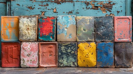  A variety of colorful bricks stacked in front of a blue-green wall with peeling paint