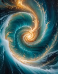 An abstract representation of a swirling ocean in tumult, blending shades of blue with highlights of gold