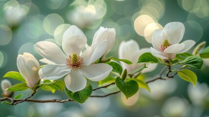   A flower on a tree branch with blurred background due to bokeh and ambient lighting - obrazy, fototapety, plakaty