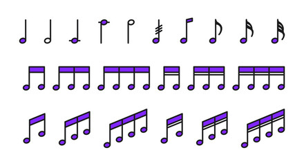 Set of icons with musical notes in purple color. Musical notes in a simple and minimalistic style. 