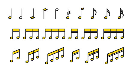 Set of icons with musical notes in yellow color. Musical notes in a simple and minimalistic style. 