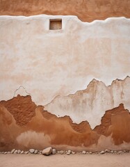 An adobe wall exhibits natural weathering, with layers of plaster peeling to reveal the rich, earthy red clay beneath