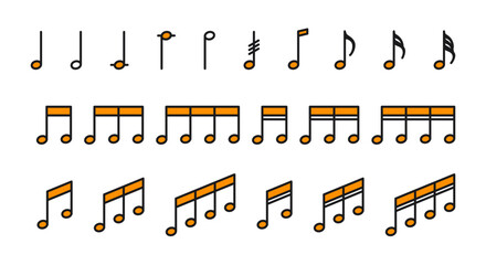Set of icons with musical notes in orange color. Musical notes in a simple and minimalistic style. 