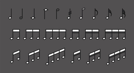 Set of icons with musical notes in white color. Musical notes in a simple and minimalistic style. 