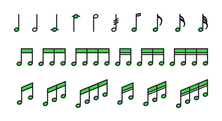 Set of icons with musical notes in green color. Musical notes in a simple and minimalistic style. 