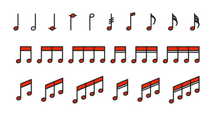 Set of icons with musical notes in red color. Musical notes in a simple and minimalistic style. 