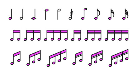 Set of icons with musical notes in pink color. Musical notes in a simple and minimalistic style. 