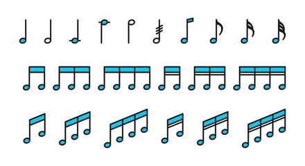 Set of icons with musical notes in blue color. Musical notes in a simple and minimalistic style. 
