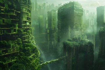 Green dark city skyline with is abandoned and no one live here due to pollution and a lot of foggy and mist