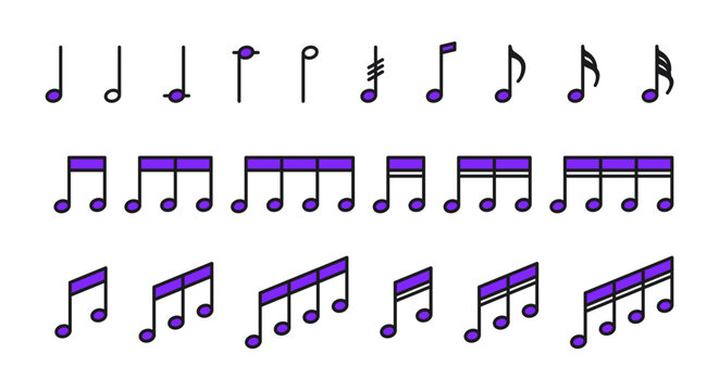 Set of icons with musical notes in purple color. Musical notes in a simple and minimalistic style. 