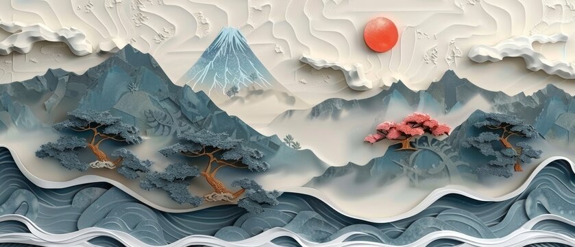 Modern Japanese background with icons. Vintage landscape and mountain. Asian template with wave pattern.