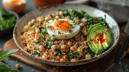   A platter featuring an egg, avocado, spinach, and chickpeas
