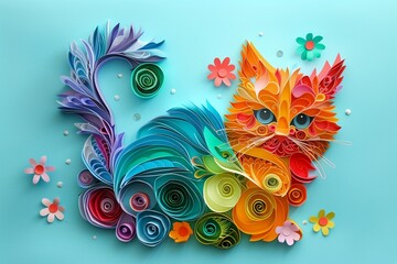 Adorable kitten paper art, in bright rainbow hues with intricate lace designs, on a soft mint background, showcasing its charm