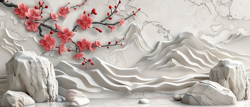 A vintage Japanese background with cherry blossom flower, bonsai branch and rice decoration.