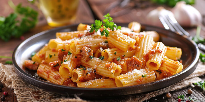Delicious rigatoni alla carbonara, traditional pasta richetta with salsa di uovo, guanciale, pecorino and pepe nero della cucina romana, italian pasta, cibo europeo