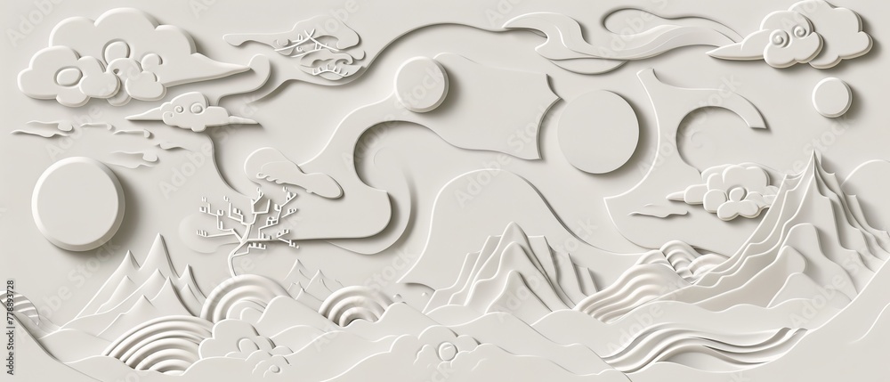 Aufkleber Graphic elements modern set with geometric shapes and flowing liquid patterns. Japanese graphics with Asian icons. Template for logo designs, flyers, and presentations.