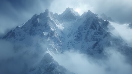 Fototapeta na wymiar A towering mountain shrouded in snow, amidst a hazy sky, with a plane visible in the foreground