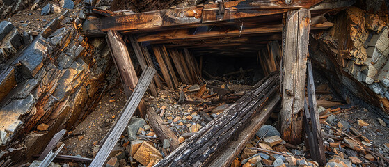 Old broken wooden beams clutter the destroyed shaft of an ancient historic gold mine
