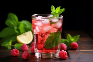 The Perfect Summer Refreshment: Raspberry Iced Tea with Fresh Garnish on a Tranquil Afternoon