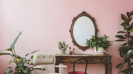 Vintage Mirror with Wooden Accents Creating a Charming Reading Corner in a Modern Home - obrazy, fototapety, plakaty