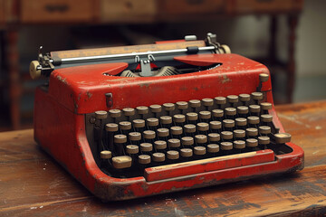 Red typewriter on wooden table - obrazy, fototapety, plakaty