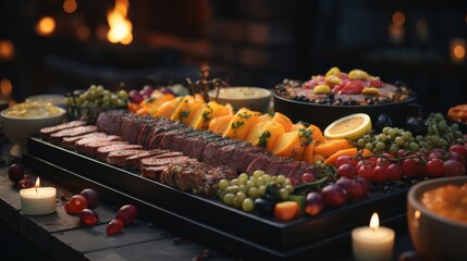 A festive table with a variety of snacks: cheese balls, sliced meats, fresh fruit, decorated against the background of a Christmas tree.
Concept: New Year's menu, catering services