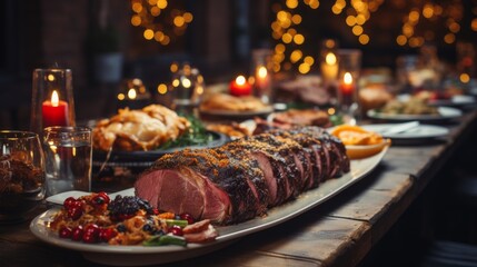 A festive table with a variety of snacks: cheese balls, sliced meats, fresh fruit, decorated against the background of a Christmas tree.
Concept: New Year's menu, catering services