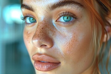 Close-up of woman with freckles on face - obrazy, fototapety, plakaty