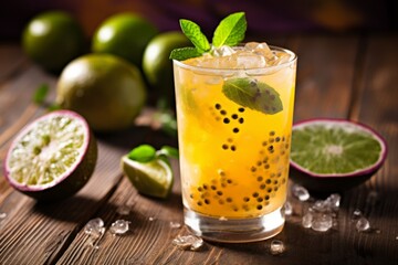 Homemade passionfruit soda served chilled with a slice of lime in bright afternoon light - obrazy, fototapety, plakaty