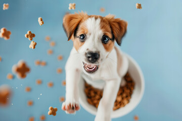 Adorable little jack russell terrier puppy sitting in full bowl of dog food kibble flying around, blue background, top view.