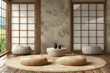 Tranquil Japanese Style Living Room with Woven Furniture and Tatami Mats