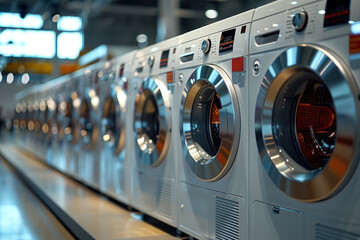 Row of washing machines on floor - obrazy, fototapety, plakaty