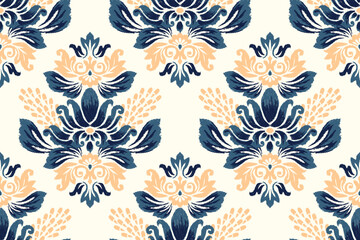 Fototapeta na wymiar Damask Ikat floral seamless pattern on white background vector illustration.Ikat texture fabric.