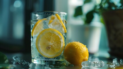 A glass of water with lemon slices, a refreshing start to a morning skincare regimen
