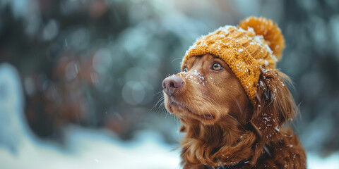 Dog in Knit Hat Enjoying the Snow Winter Pet Canine Fun Companion Cute
