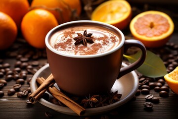 A Deliciously Frothy Chocolate Orange Latte Awaits on a Weathered Wooden Table in a Quaint Cafe