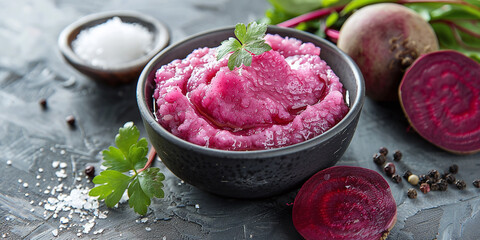 Horseradish sauce with beet in bowl and piece of beet on grey table - obrazy, fototapety, plakaty