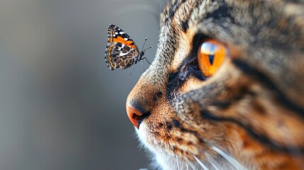 A ginger cat watches a butterfly.
Concept: veterinary clinics, pets and the psychological impact of animals on humans - obrazy, fototapety, plakaty