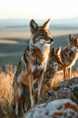 Coyot family standing in front of the camera in the rocky plains with setting sun. Group of wild...