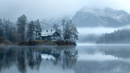 Obraz premium A small island in a lake, surrounded by mountains, with a house shrouded in fog