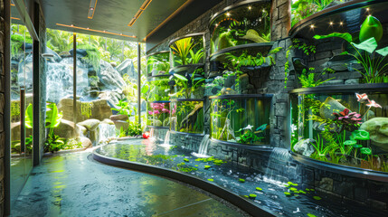 Fototapeta premium Indoor Waterfall and Fish Tanks in a Greenhouse. A serene indoor greenhouse environment with a cascading waterfall and cylindrical fish tanks surrounded by lush vegetation.