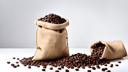 Naklejka premium An image of coffee beans pouring out of a coffee sack on a white background. Generative AI.
