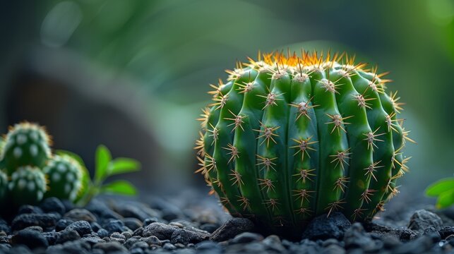    a cactus on gravel ground with green leaves in the background, without blurriness in the background