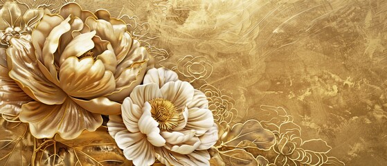 A modern illustration of a Chinese brush stroke. It has a gold texture and a peony flower motif. Abstract art illustration.