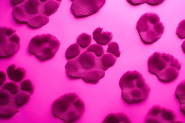 Magenta paw prints on a background, minimalist backdrop pattern with copy space for design or photo, animal pet cute surface 