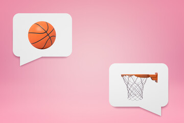 Basketball and hoop depicted in conversation bubbles