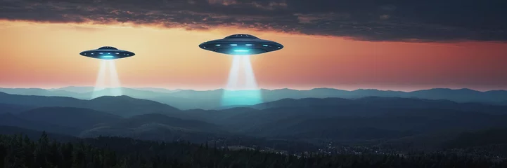 Foto op Canvas World UFO Day. Ufologist's Day. Unidentified flying object. UFOs on earth © Vladislav