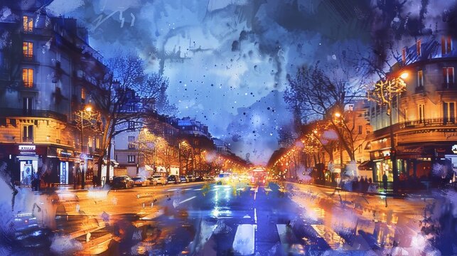 Fototapeta Night paris street watercolor painting in light yellow and blue, people and cars absent