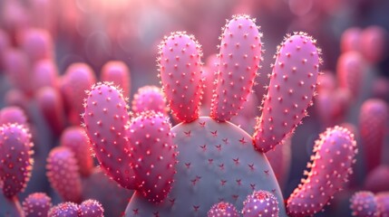   A close-up of a cactus amidst a sea of pink cacti, bathed in the radiance of a golden sun - obrazy, fototapety, plakaty
