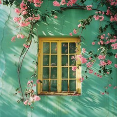A Window With Pink Flowers On It 